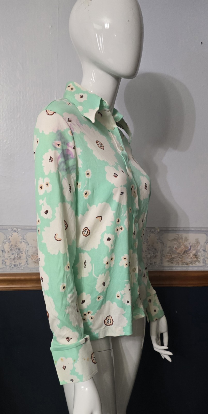 70s Mint Green Floral Disco Shirt Dagger Collar Fits Modern XS/S (Tagged L)