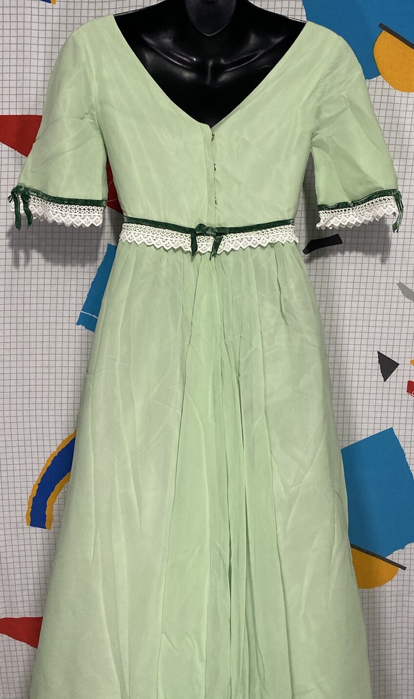 Vintage 50s Silk Chiffon Dress Green Lace Organza Velvet Ribbon 60s Maxi