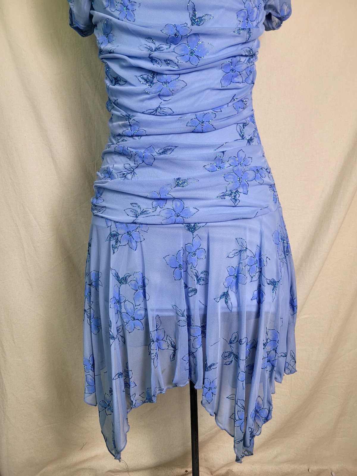Vintage 90s Y2K Taboo Blue Floral Drop Waist Asymmetrical Hem Prom Hoco Size S/M
