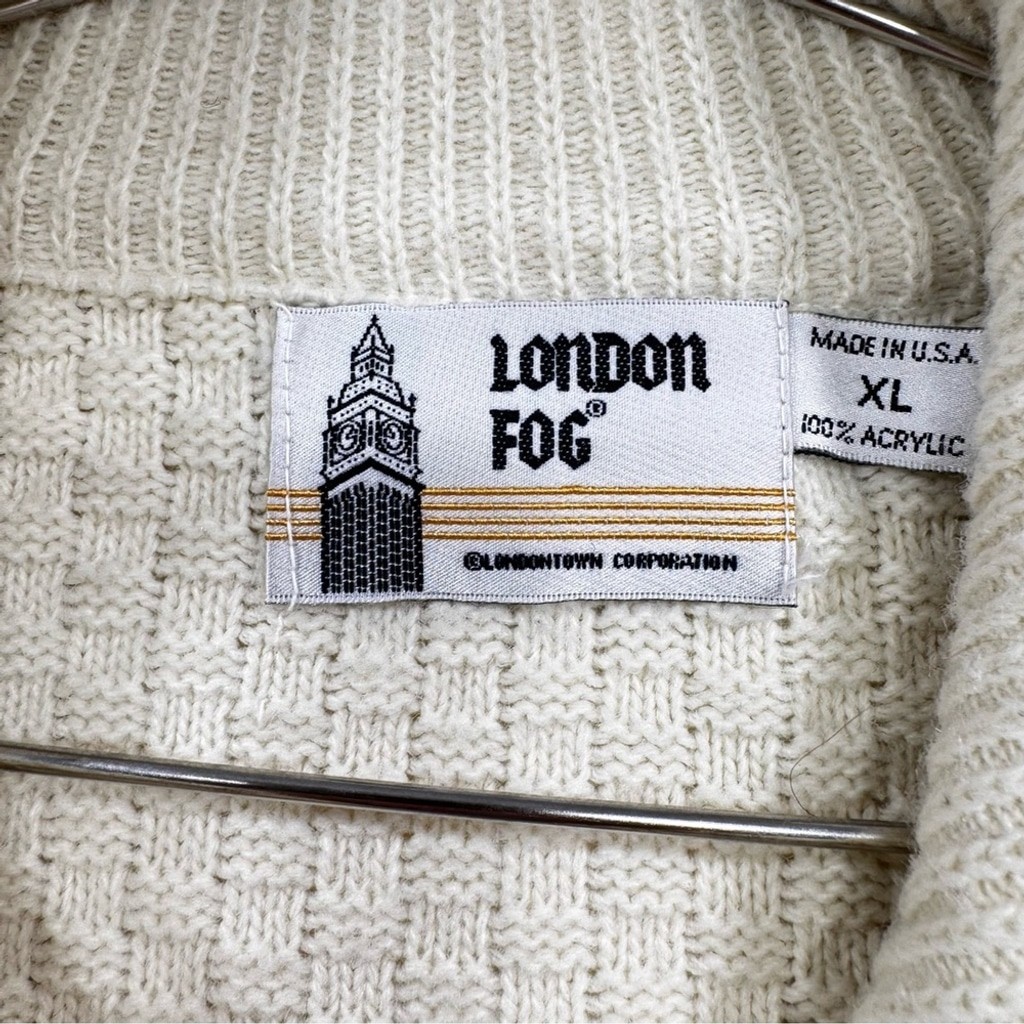 London Fog Vintage Ivory Fisherman Style Sweater Zip Front Funnel Mock Collar XL