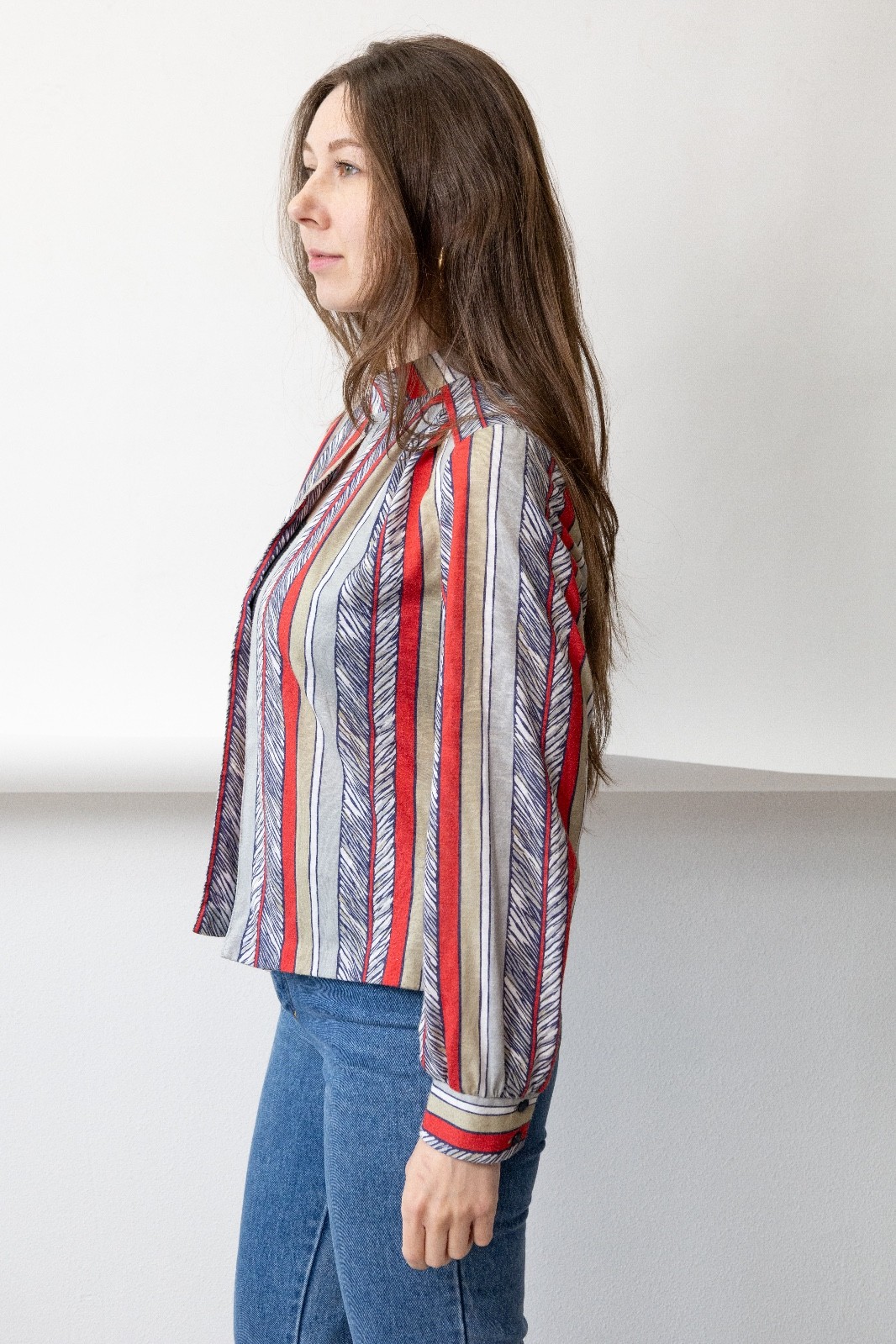 Vintage 70s Striped Blouse Red Navy Bishop Sleeve Folk Prairie Boho Womens M