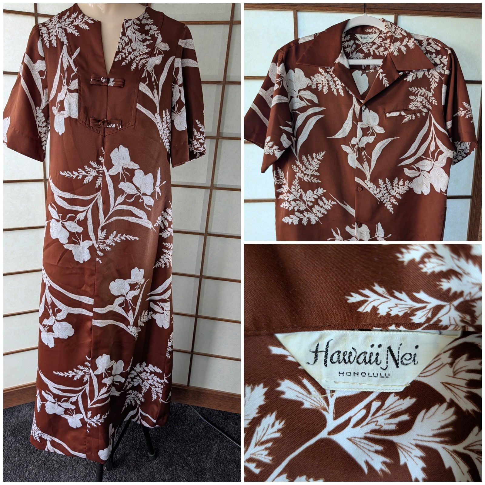 Vintage 70s 80s HAWAII NEI Honolulu Honeymoon Set Brown White Botanical Print 10