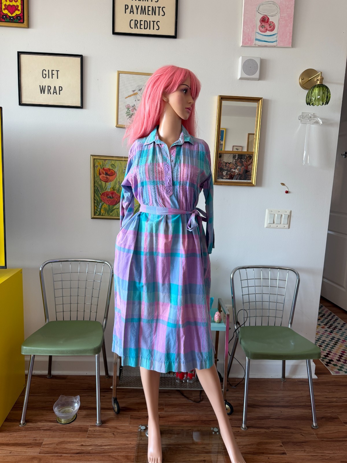 🌈 Vtg 70s Pastel Madras Plaid Belted Shirtwaist Midi Dress M L