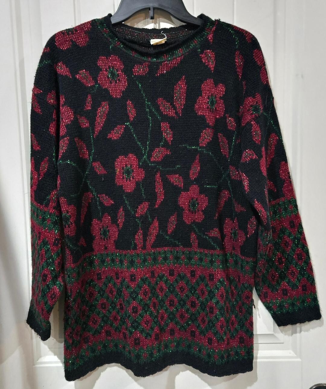 Vintage 80s Red Green Metallic Floral Black Sweater Womens’ L? XL?-READ