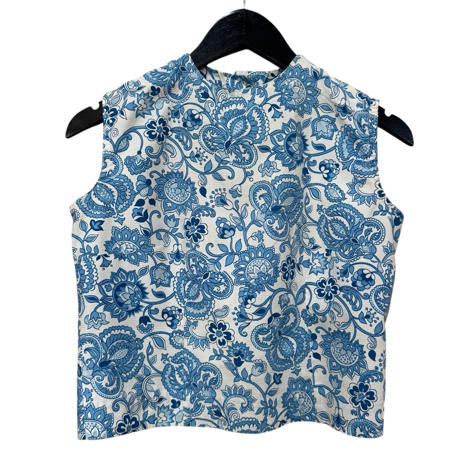 Vintage Blue White Sleeveless Top Floral Paisley Retro Button Down Back