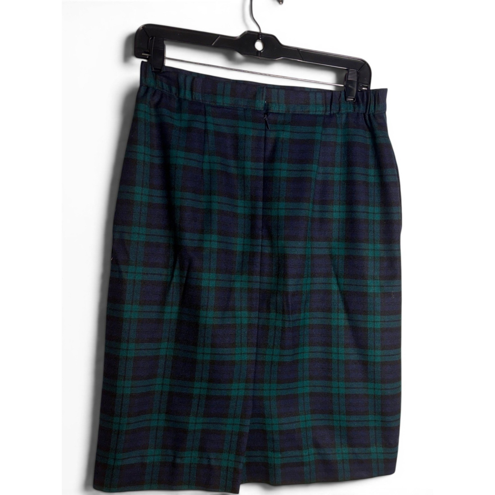 Vintage David Brooks Plaid Worsted Wool Blend Pencil Skirt Navy Green Lined 12