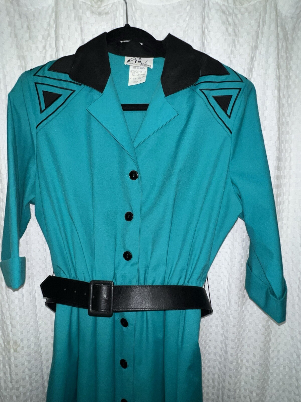 Vintage 1980’s Teal Shirt Dress Shoulder Pads Geometric Excellent Condition