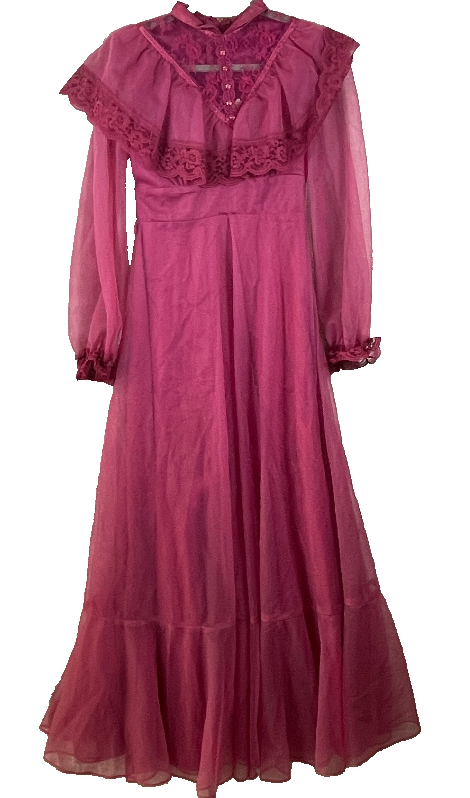 Vintage 70s Victorian style Prairie Cottagecore Maxi Lace Sheer Dress 5/6 Maroon