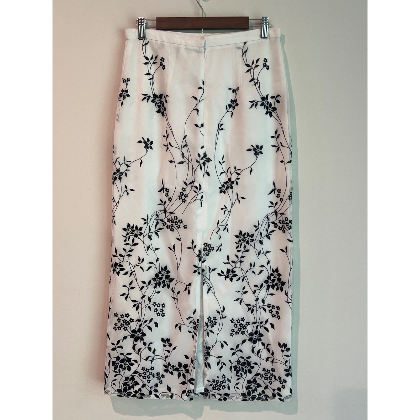 J.R. Nites White Black Floral Glitter Velvet Embossed Midi Skirt Size 10 Retro