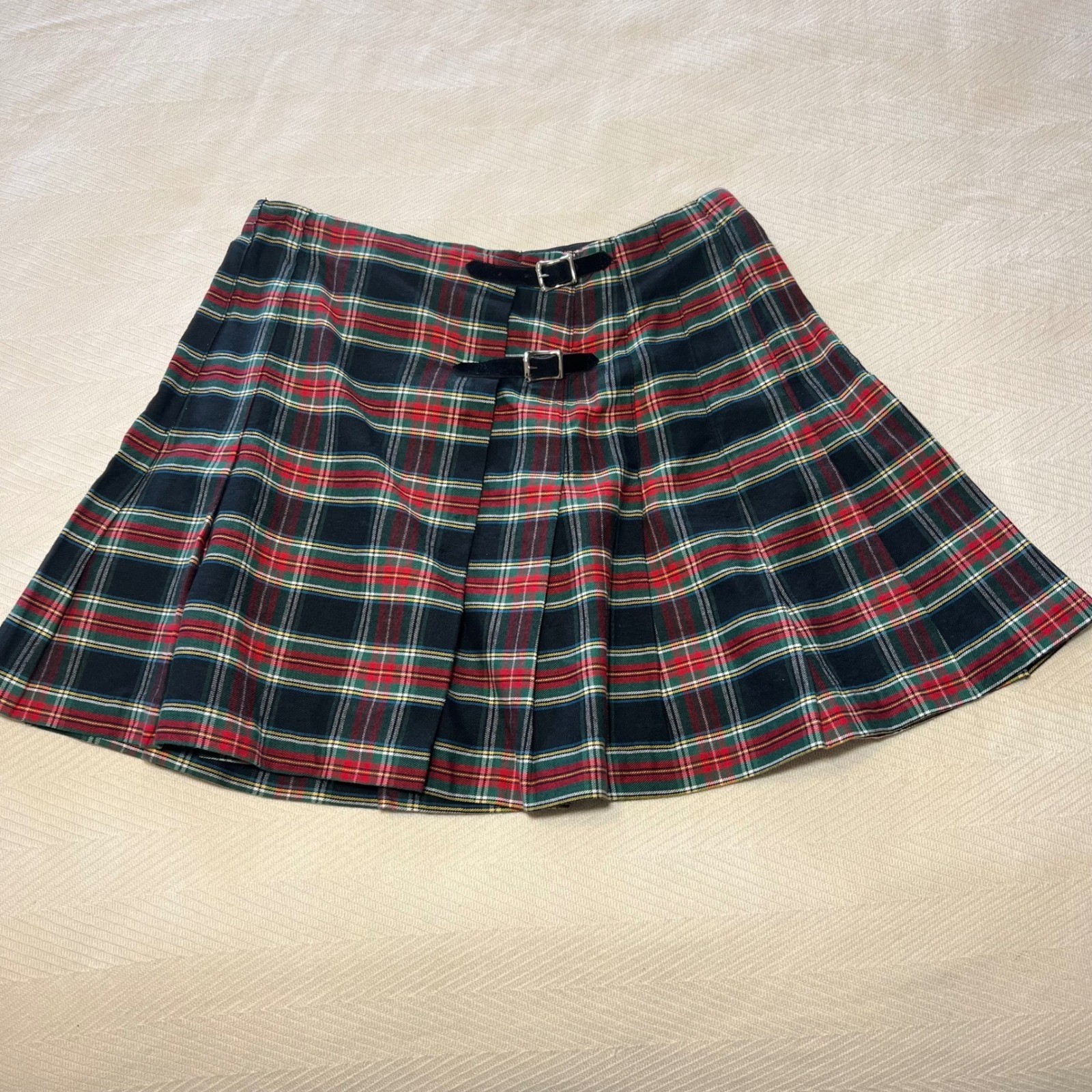 Vintage 1991 Necessary Objects Red Green Plaid Pleated Cotton Mini Skirt Size 7