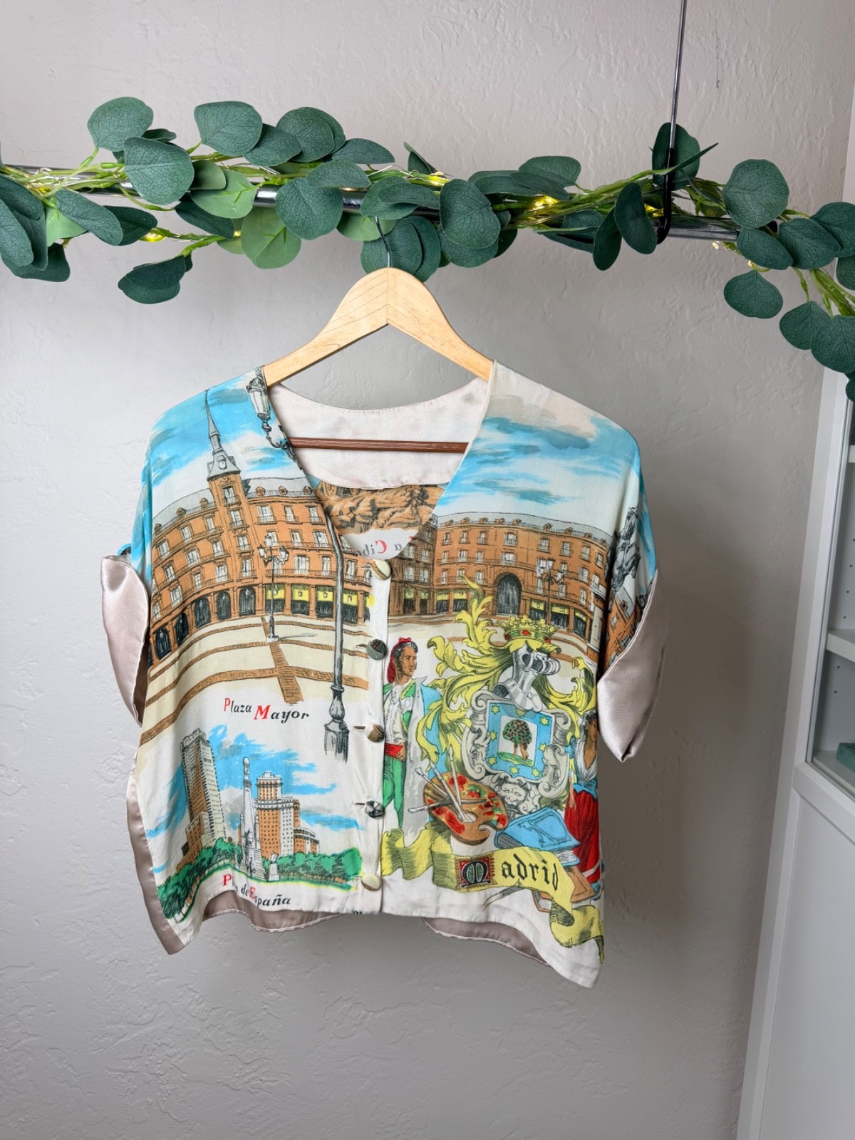 Handmade Madrid Print Silk Blouse Plaza Mayor Spain Art Top Unique Vintage Style