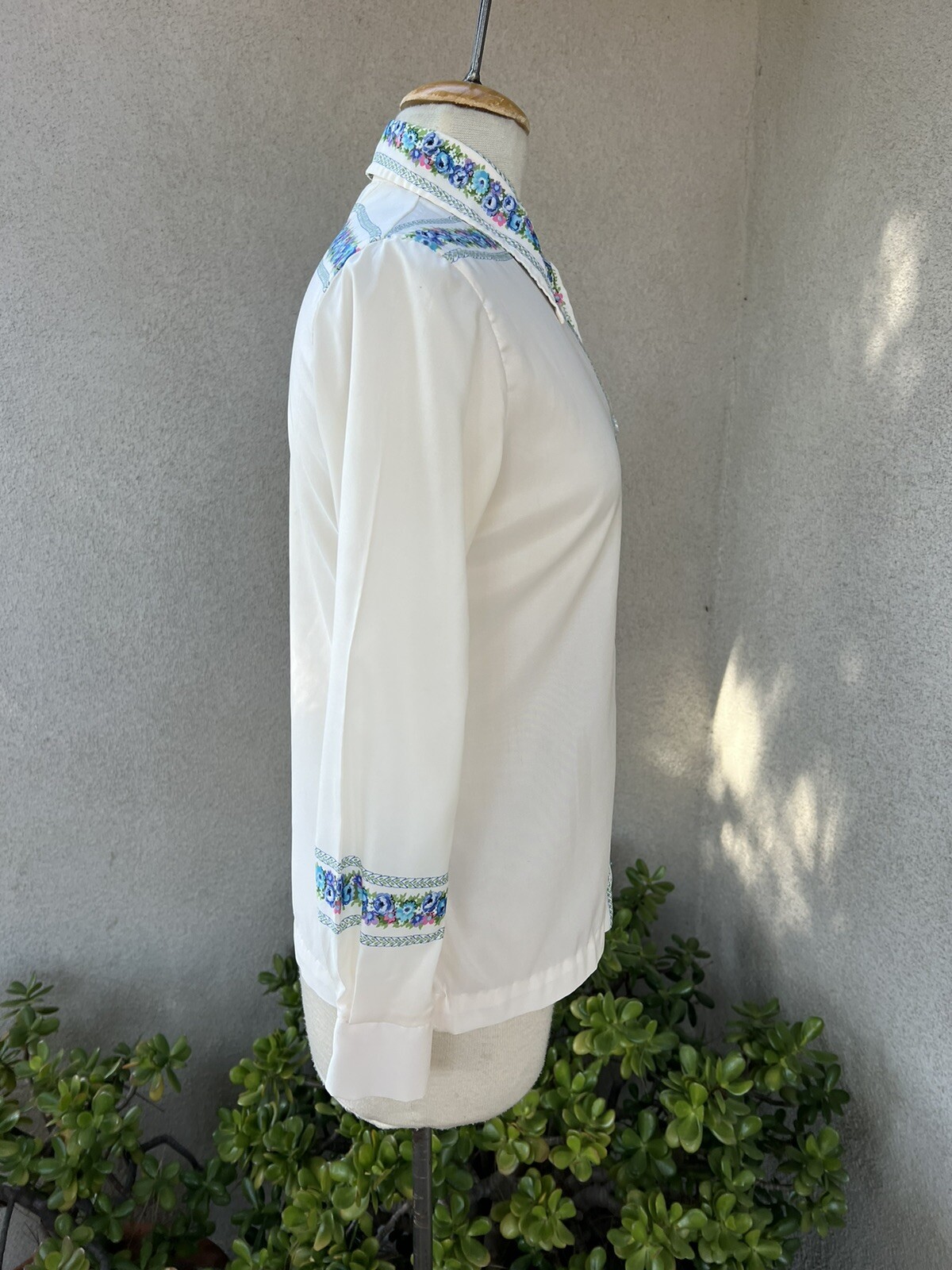 Vtg Blouse sheer white pink blue floral trim Small By Loubella