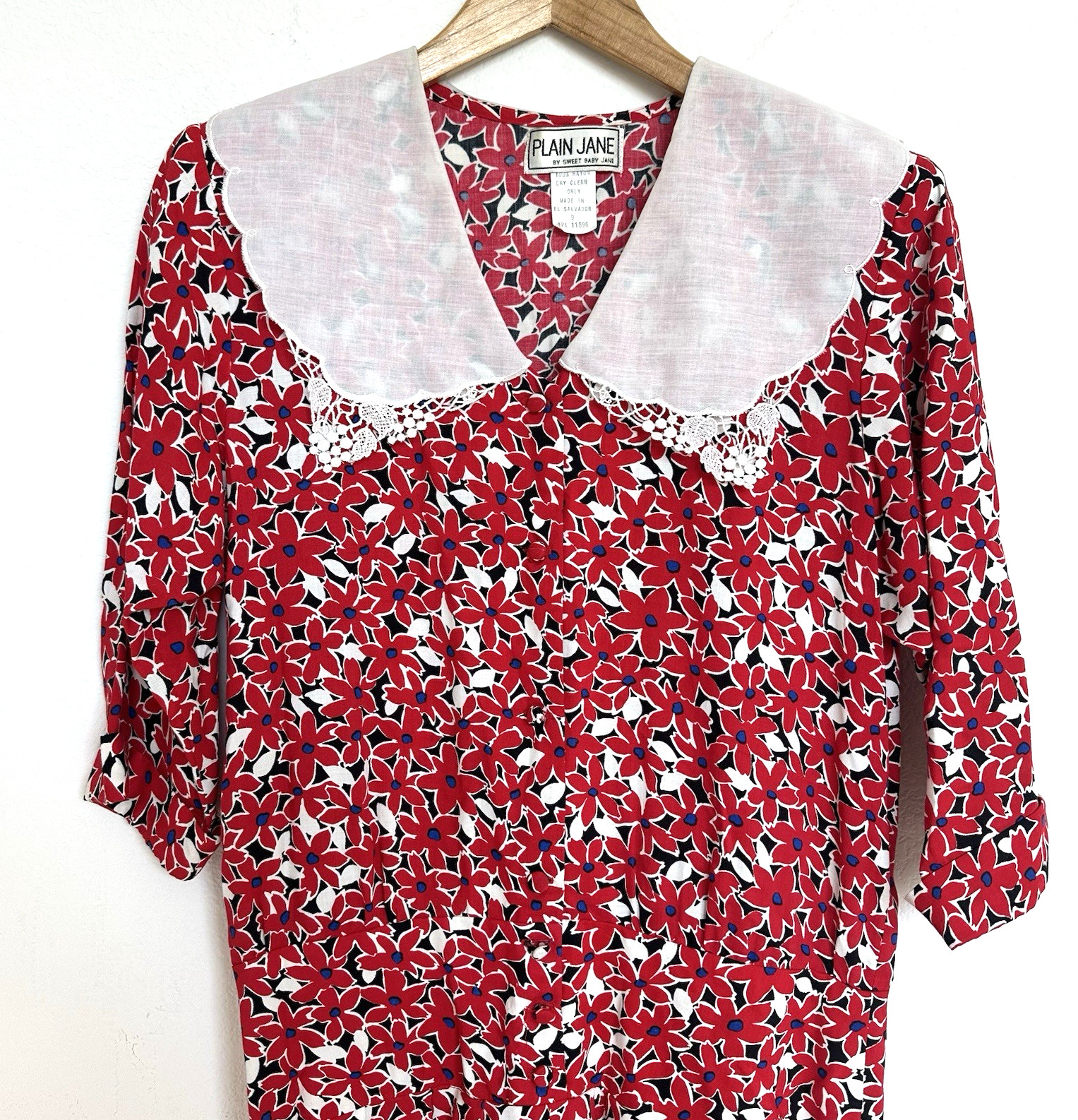 Vintage 90s Plain Jane Floral Fit & Flare Rayon Dress 9 Peter Pan Collar