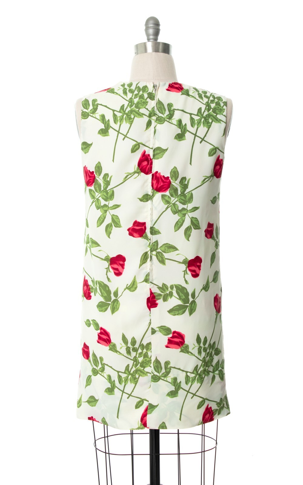 Vintage 1960s 60s Red Rose Stems Floral Printed Dress White Shift Sundress