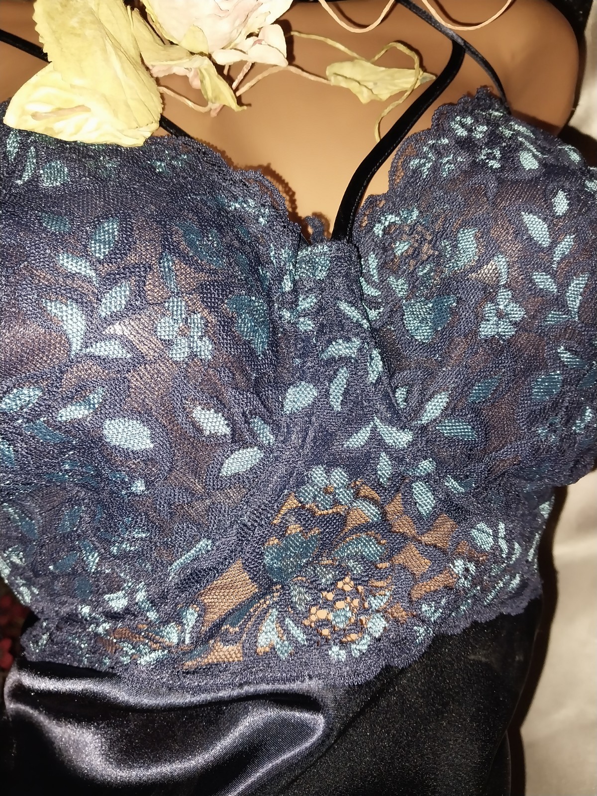 VTG SATIN SHINY SPANDEX LACE BRA BABYDOLL BLUE FLOWERS NIGHTGOWN PLUS 46 48 2X