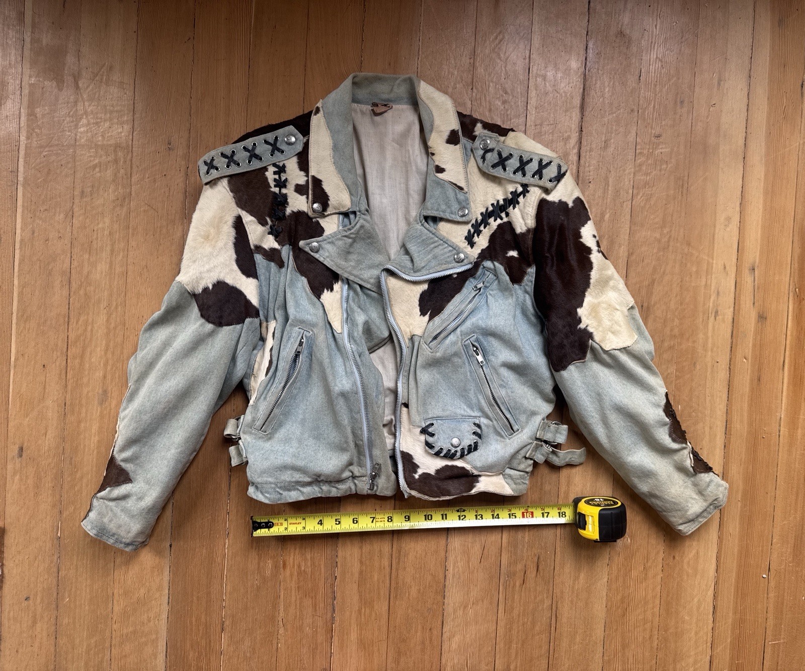 vintage Jeff Hamilton distressed denim and cowhide leather zip-up bomber