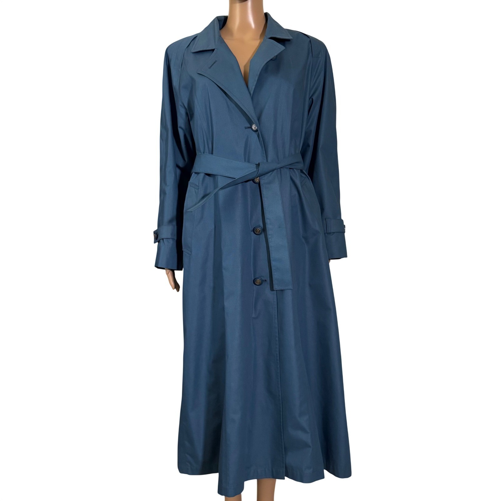 London Fog Vintage Blue Trench Coat Belted Long Rain Jacket Women’s 10 Reg