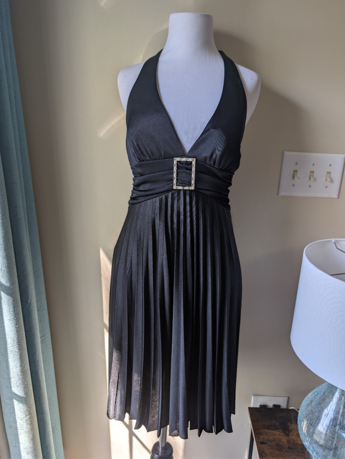 Speechless Y2K Black Pleated Halter Midi Dress with Embellished Waist Buckle