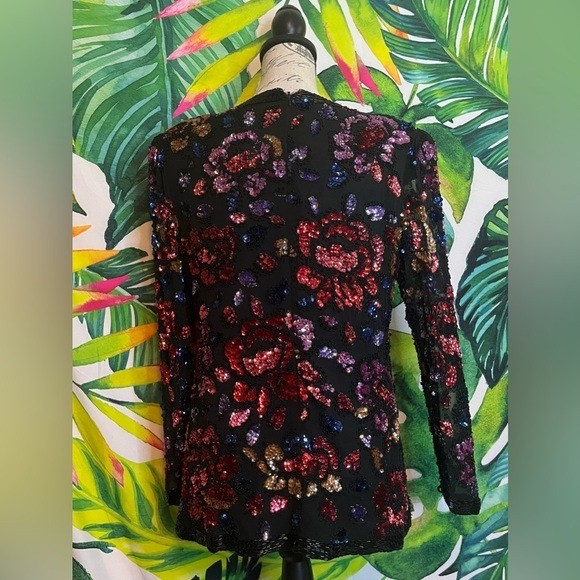 Vintage 80s Womens Party S 100% Silk Black Red Pink Floral Beaded Sequin Blouse
