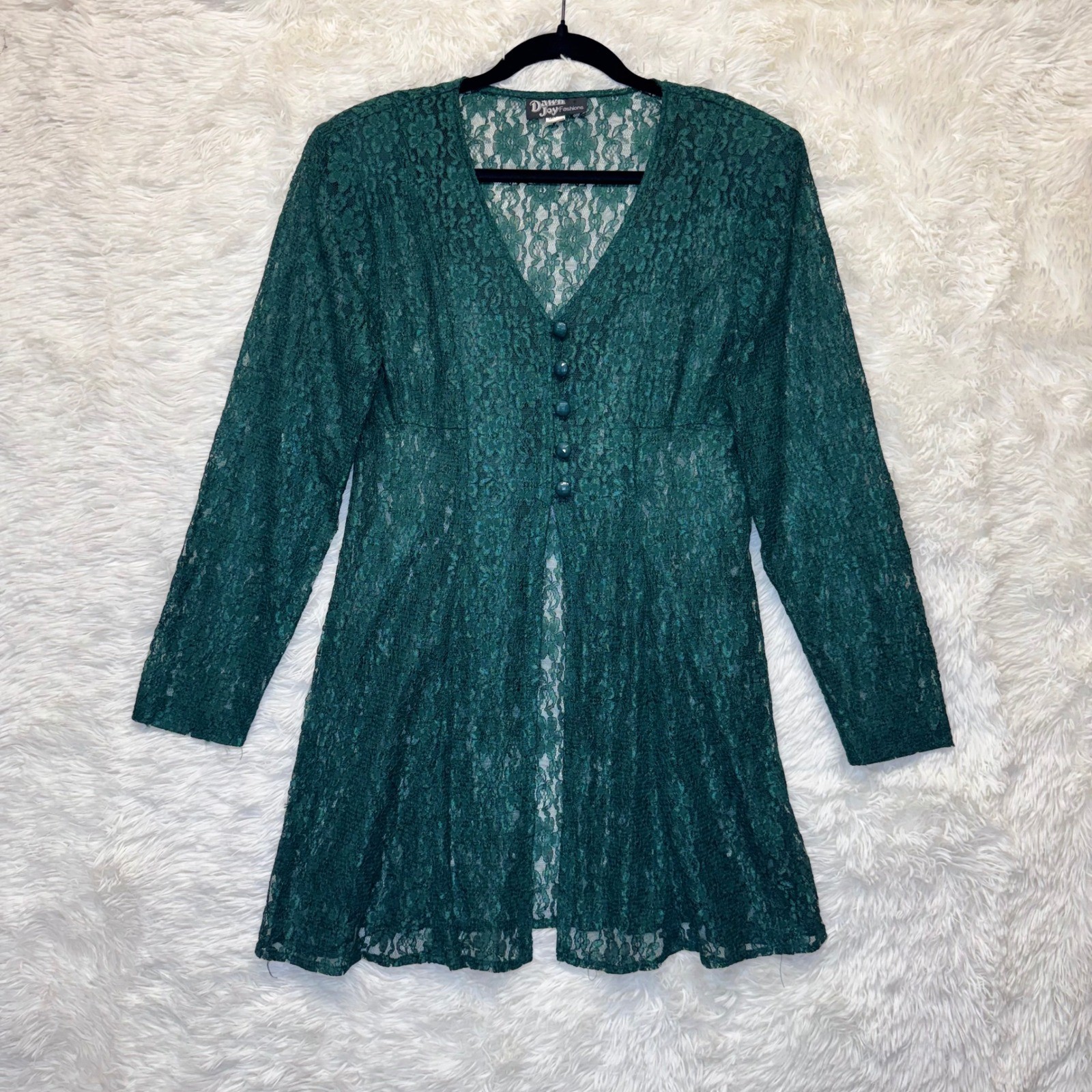 VTG 90s Dawn Joy Dark Green Sheer Lace Button Duster 11/12 Fairy Whimsygoth
