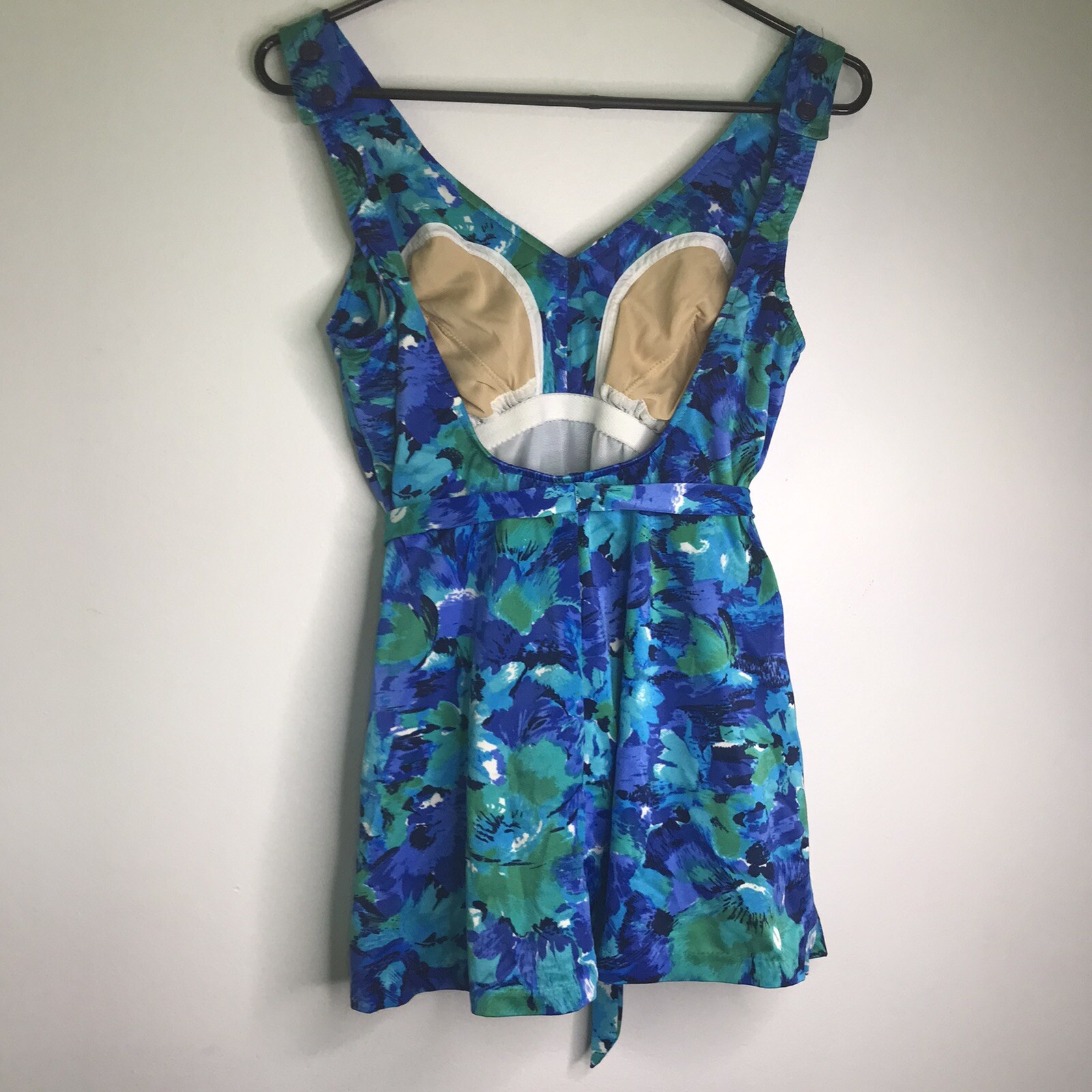Maxine of Hollywood Size 14 Vintage Bathing Suit Blue Floral Print Belted