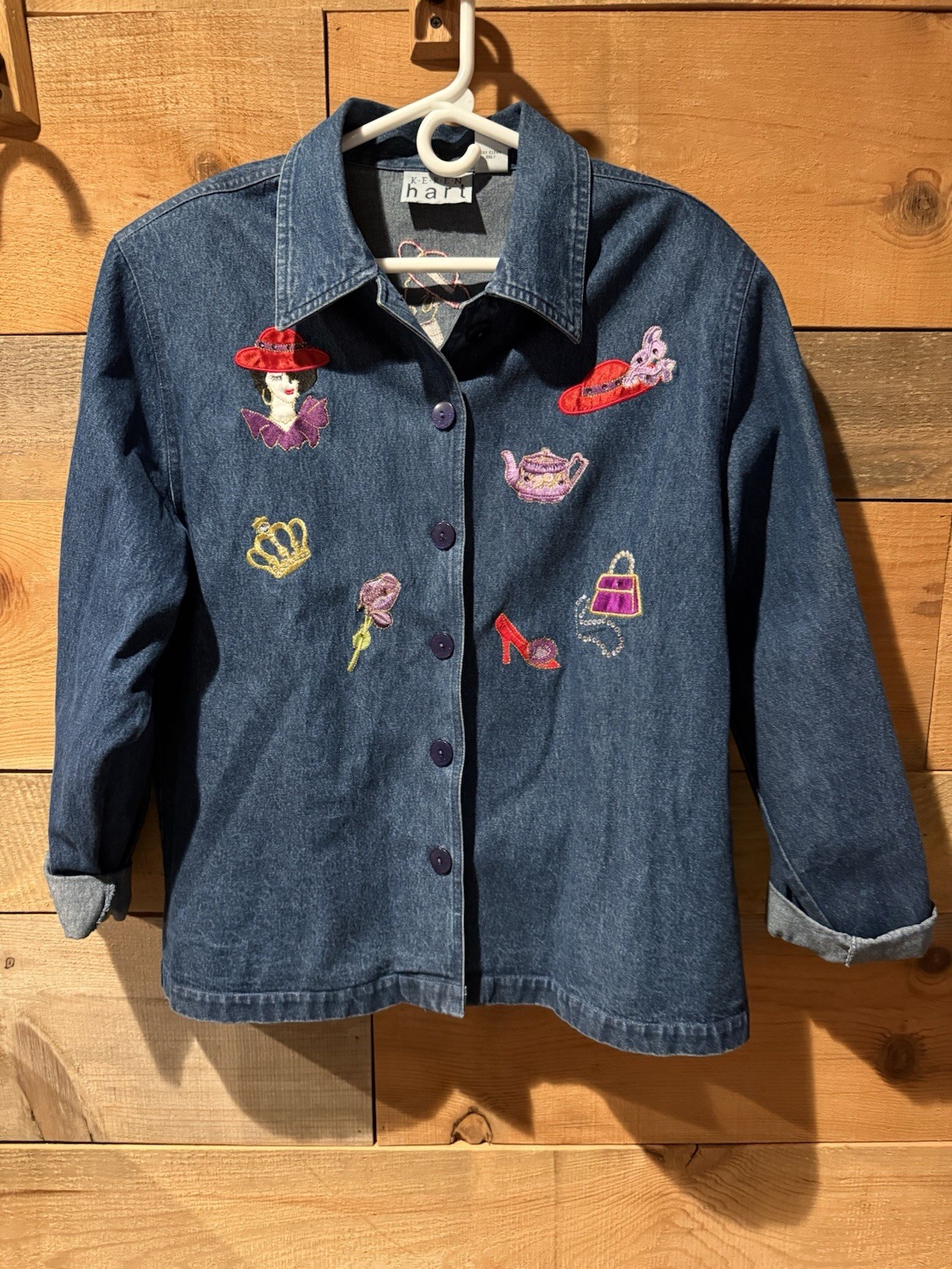 Vintage 80s Red Hat Society Denim Shirt Jacket Woman’s Large Embroidery Y2K 90s