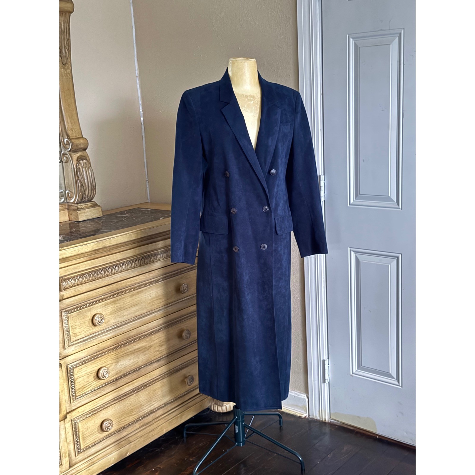 Vintage Navy Suede Leather Maxi Coat Women’s Size M Double Breasted Long Trench