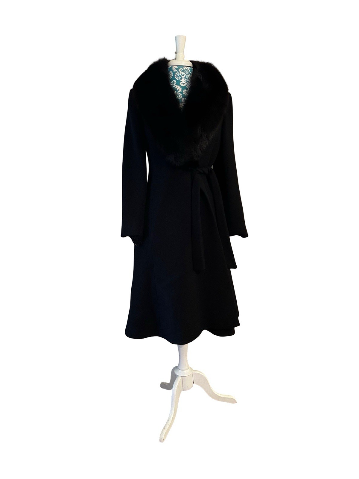 Vtg Fox Fur Black Wool Skirted Coat Pinup Bombshell Soft Girl Old Money Romantic