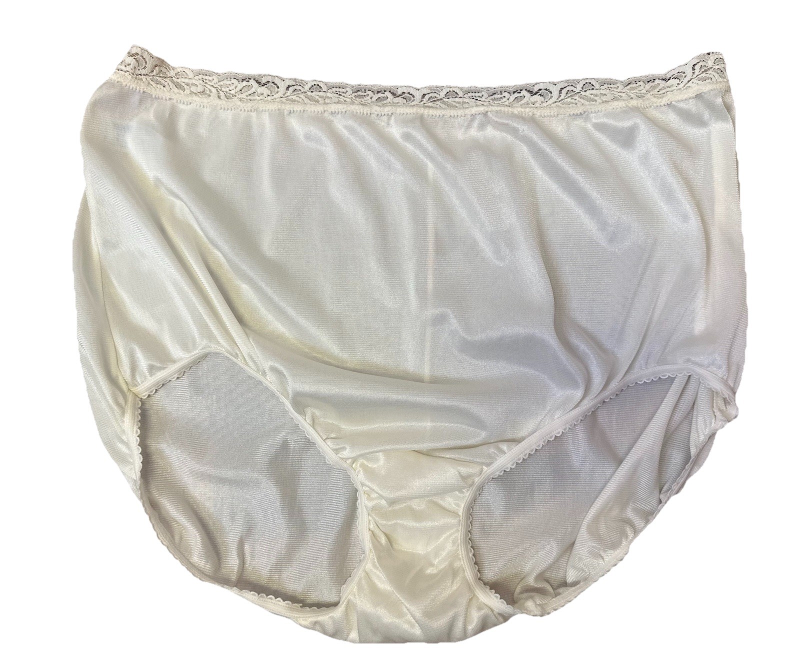 Warners Granny Brief Panty 7 Ivory Shiny Lace Trim Cotton Gusset Panties USA VTG