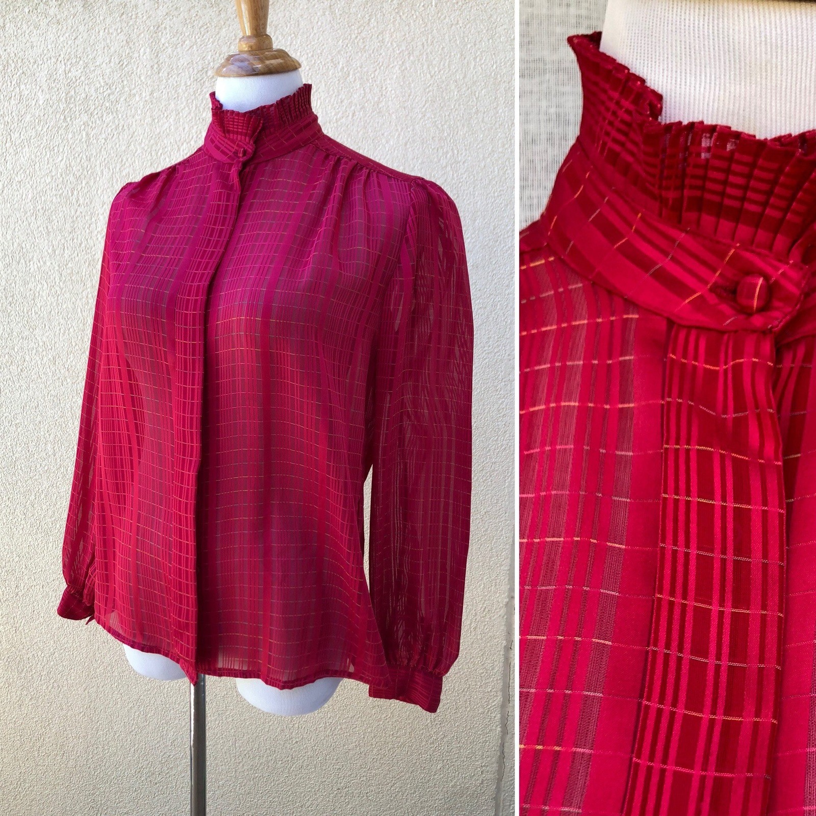 1980 bright red bright pink sheer stripes pleated collar blouse, size S