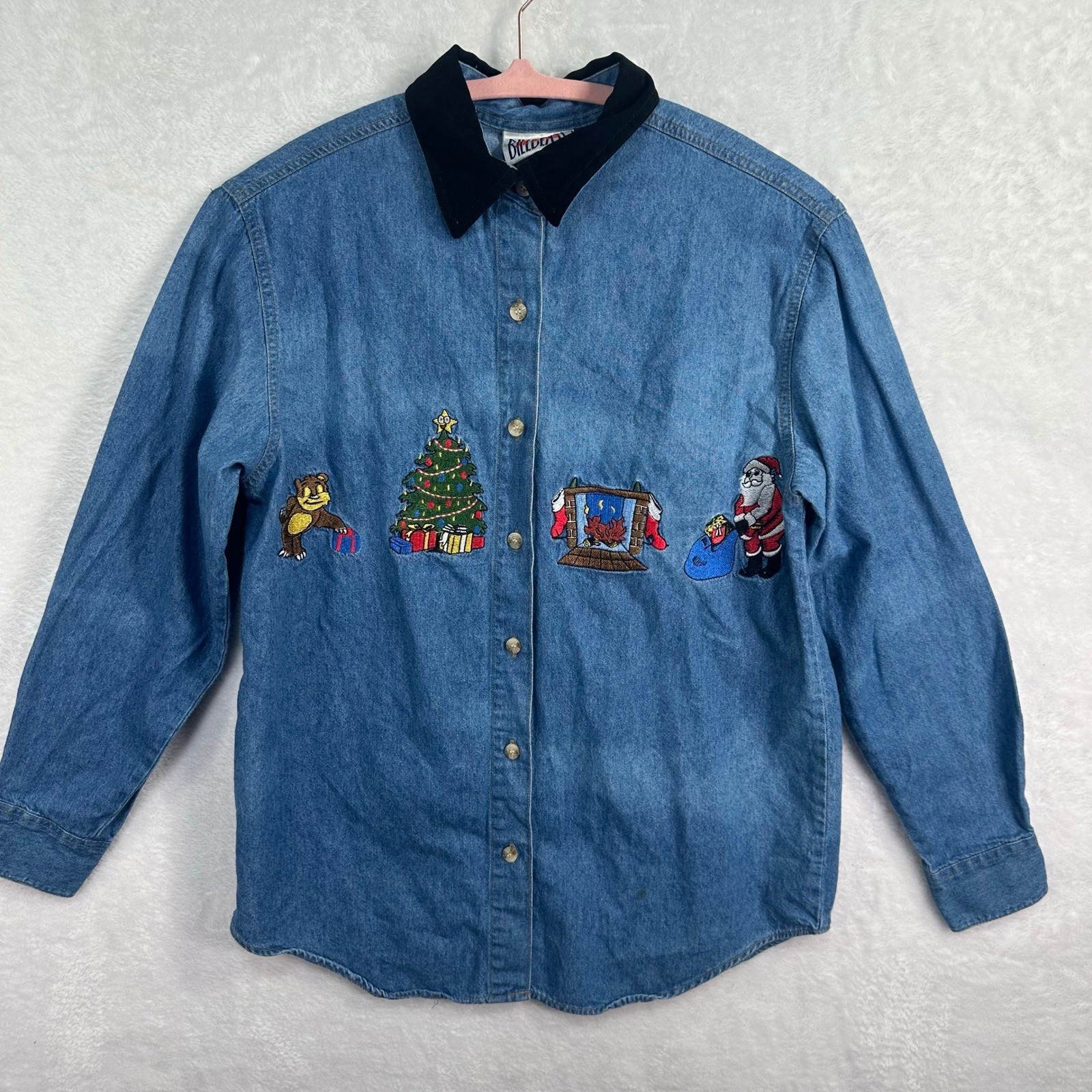 Bill Blass Jeans Denim Shirt Womens Small Blue Vintage 90s Christmas Embroidered