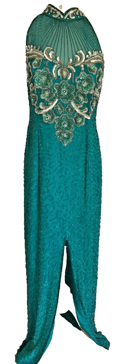 Alyce Heavily Beaded Green Silk Dress, Sequins 90’s Glam 14, Yoke Neck Sparkle