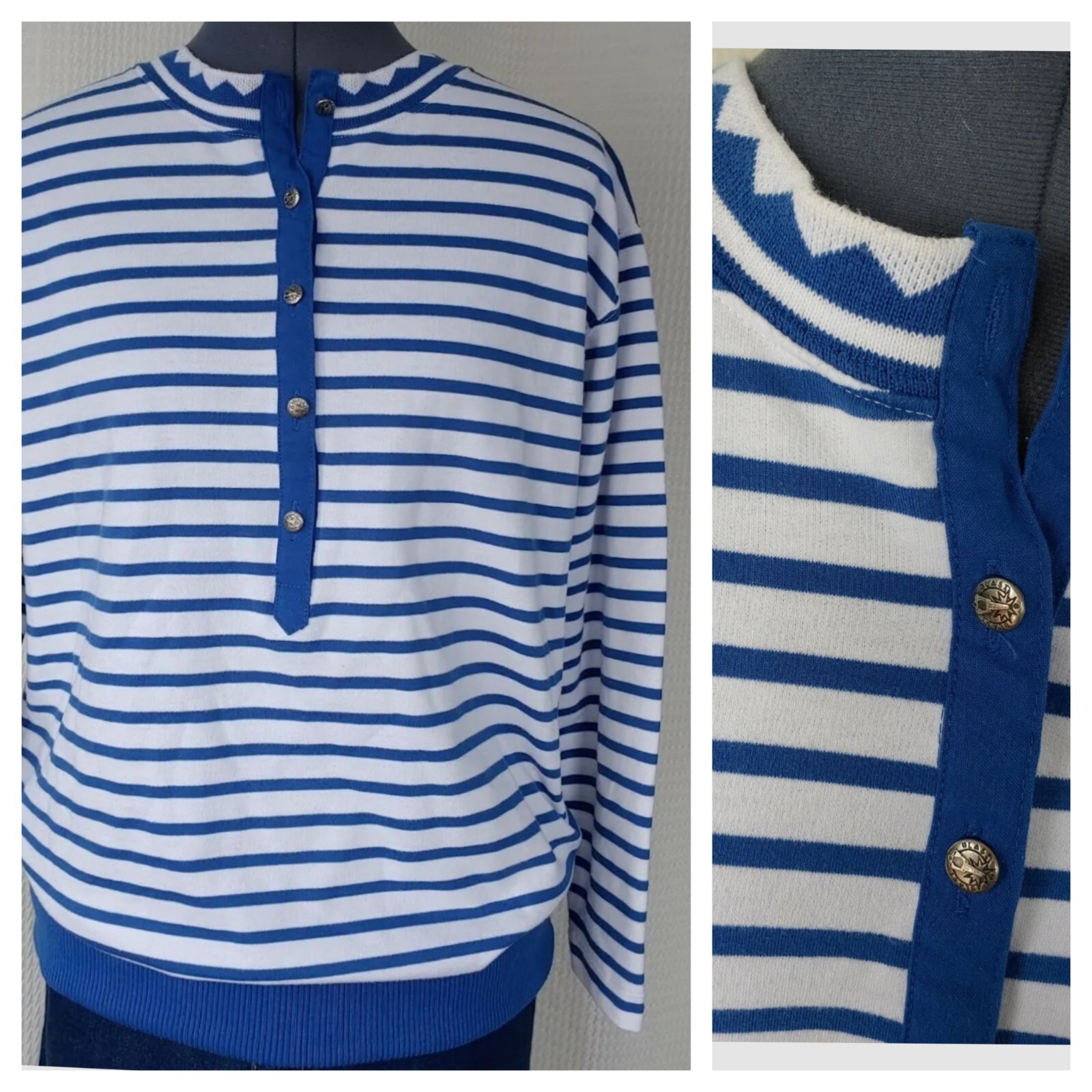 Vintage Blast Blue & White Knit Striped Top Size XL? Bust 42″