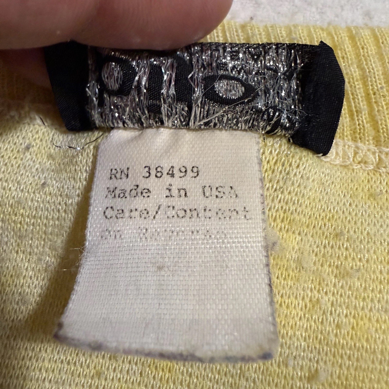 Vintage Bijo Christmas Sweater New York Silver Ornament on Yellow Made in USA