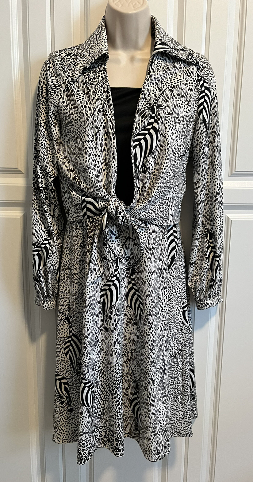 Vintage Caron Black & White Dress & Blouse Jacket Tie Front Matching Belt Small