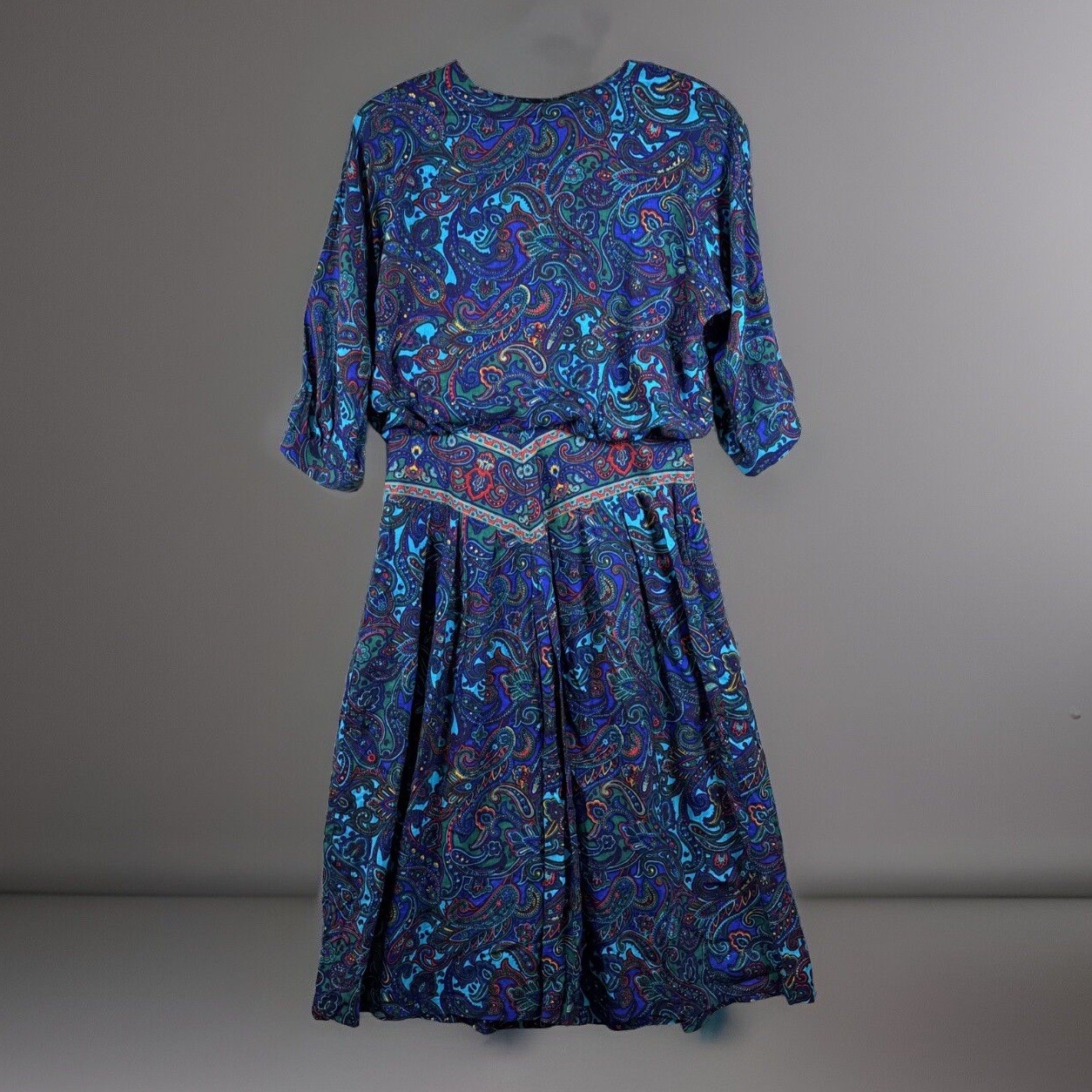 70s Dress M/L Hippy Paisley Vintage Floral Boho Maxi Long Sleeve Blue Purple