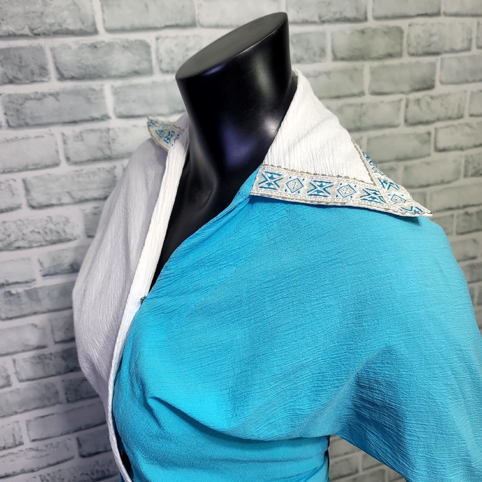 Vintage 70s Blue White Crinkle Cotton Skirt Wrap Top Set Boho Folk Square Dance