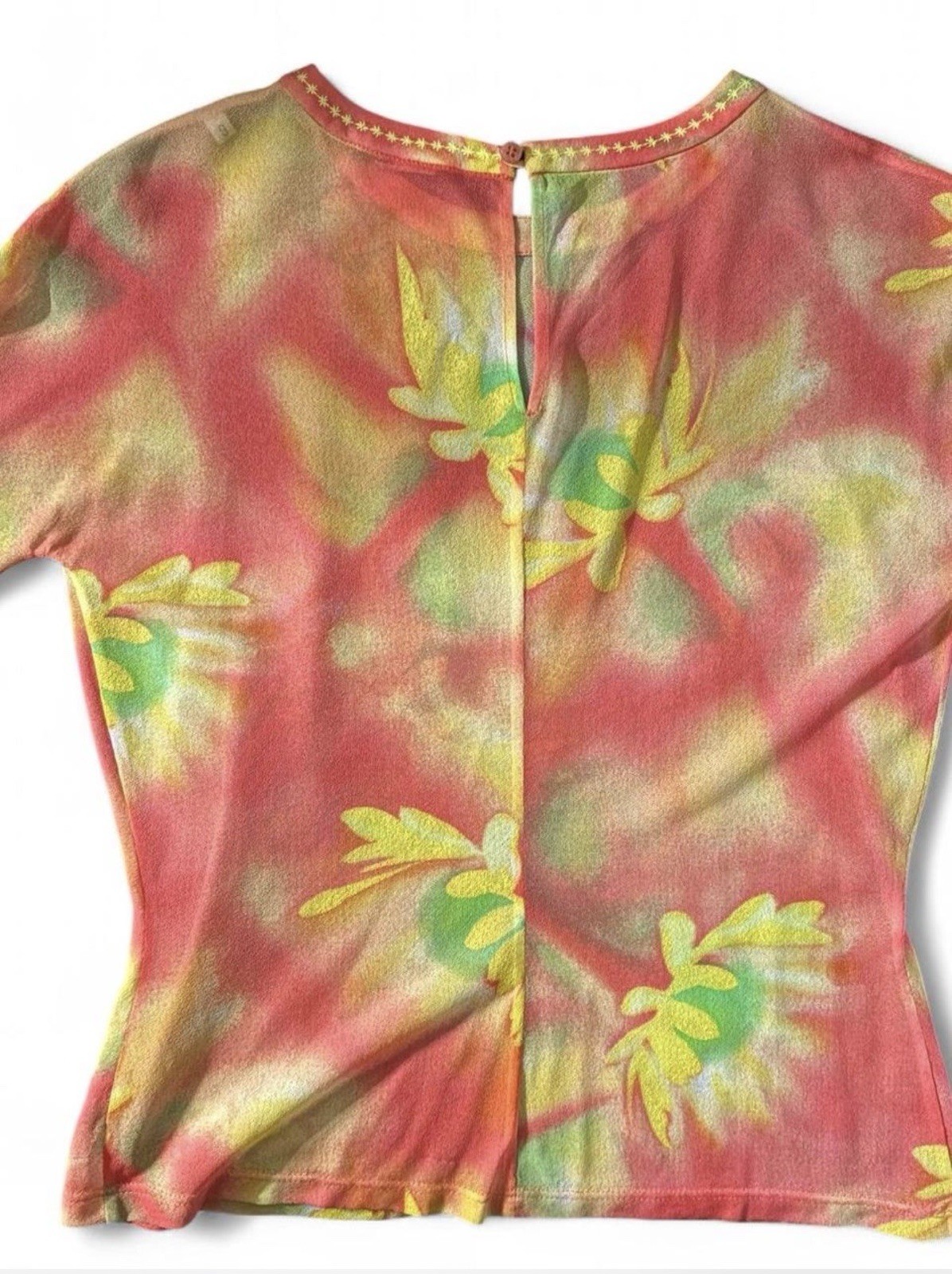 Vintage Gianni Versace Sheer Floral Print Shirt Pink Yellow Green Size 40