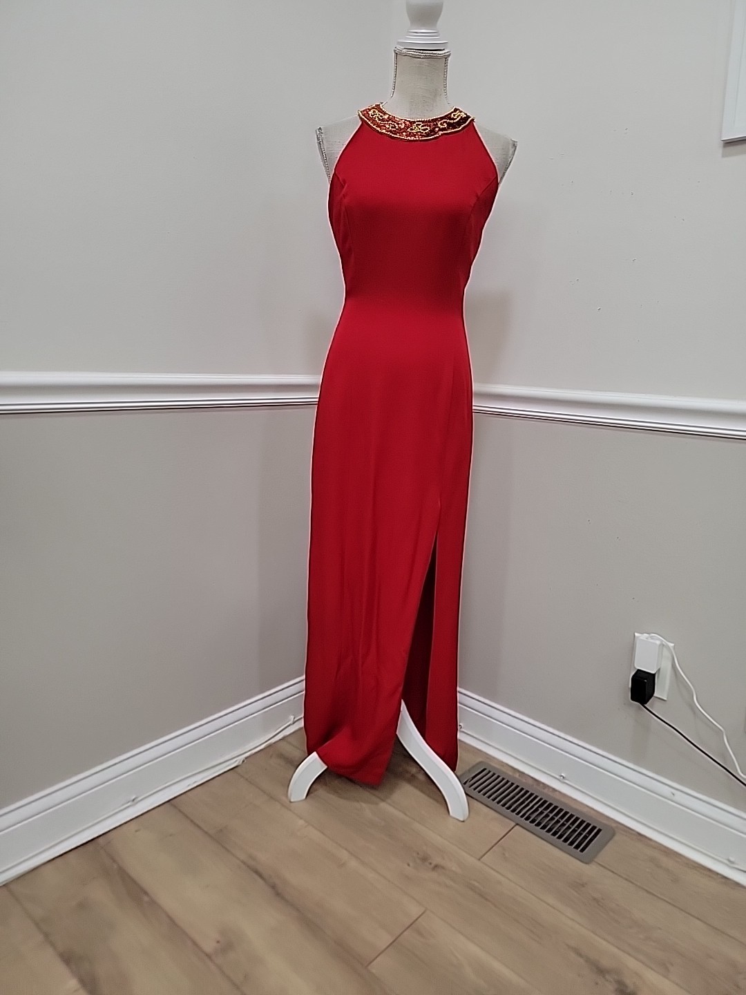 VTG 1980s Red Beaded Halter Evening Gown De Lara by Linda Bernell Maxi Dress