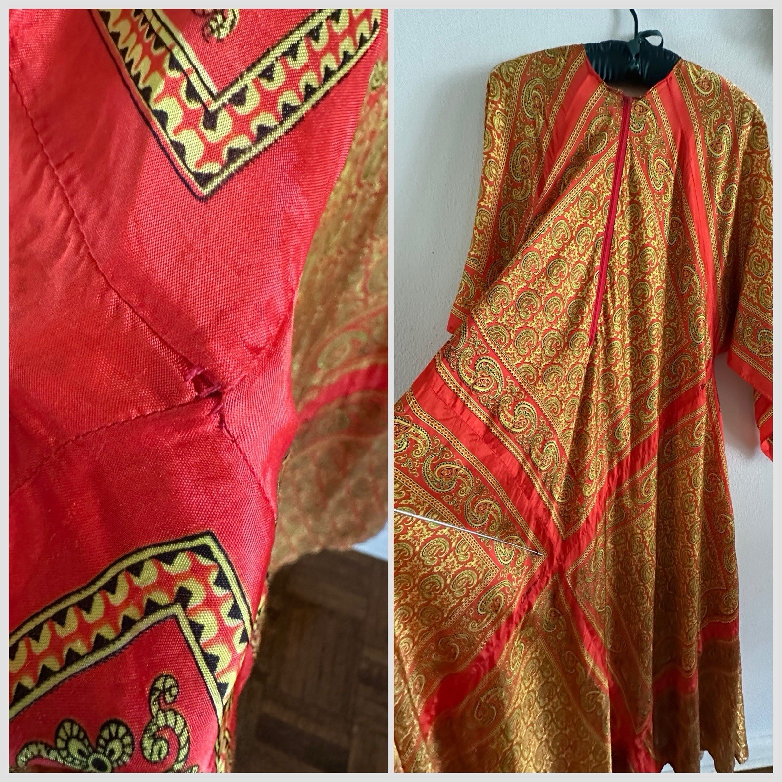 70s VTG Mexican Aramis Scarf Caftan Dress 63” Extra Long Tall Maxi Angel Sleeve