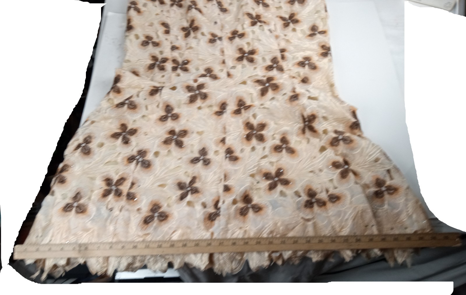 Vintage Floral Embroidered Lace Maxi Skirt 1X 2X Beige Brown Panel Flare 18×40″