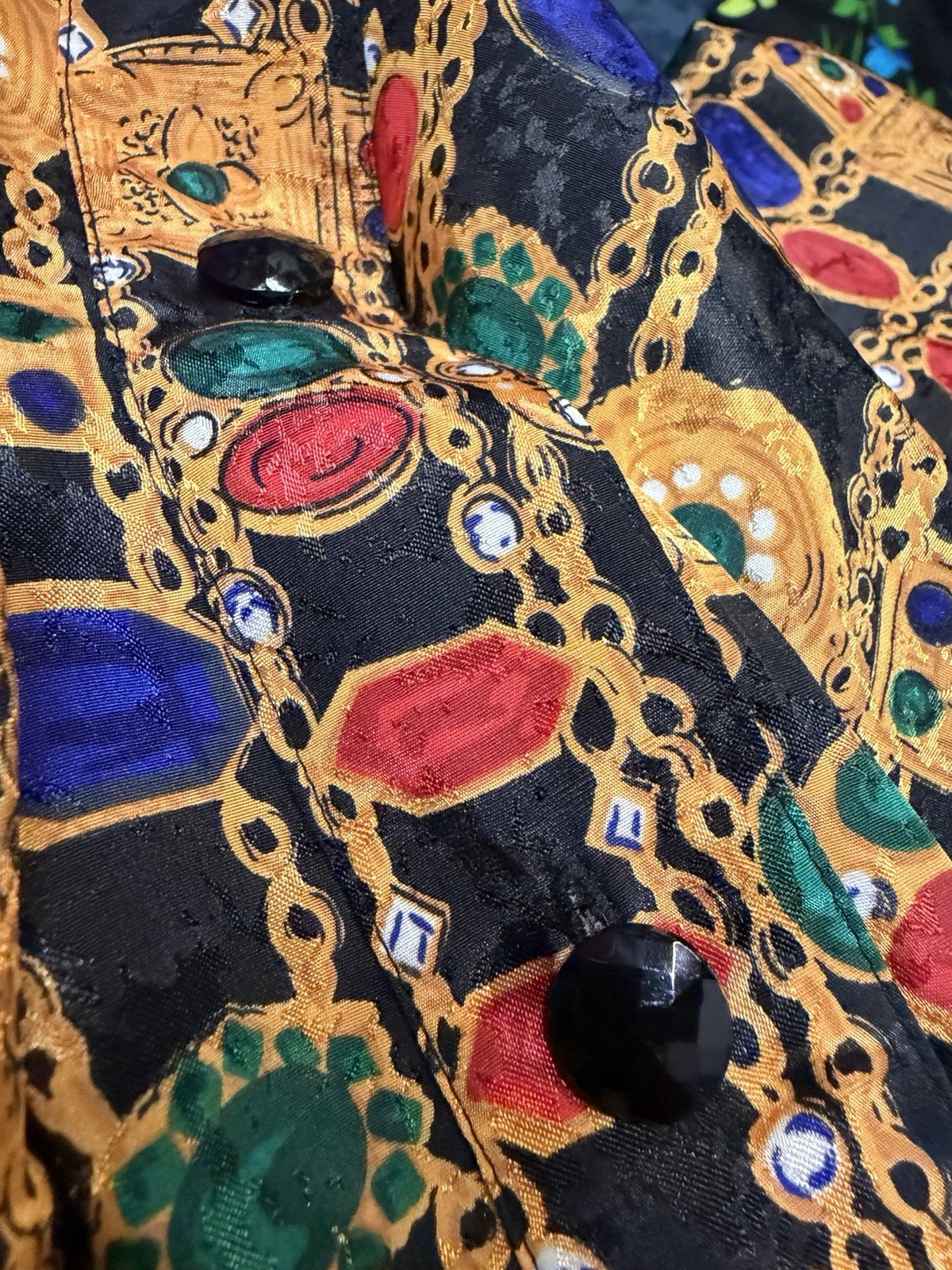 Vintage 80s Bold JEWEL PRINT Dress Brownstone Studio Size 16 Shoulder Pads
