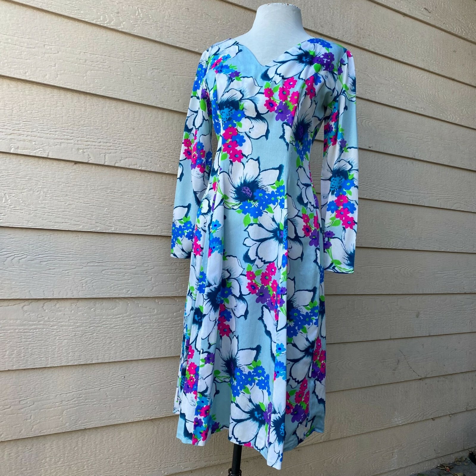 Vintage Retro Magnolia Dress Floral Short Long Sleeve A-Line Blue White M