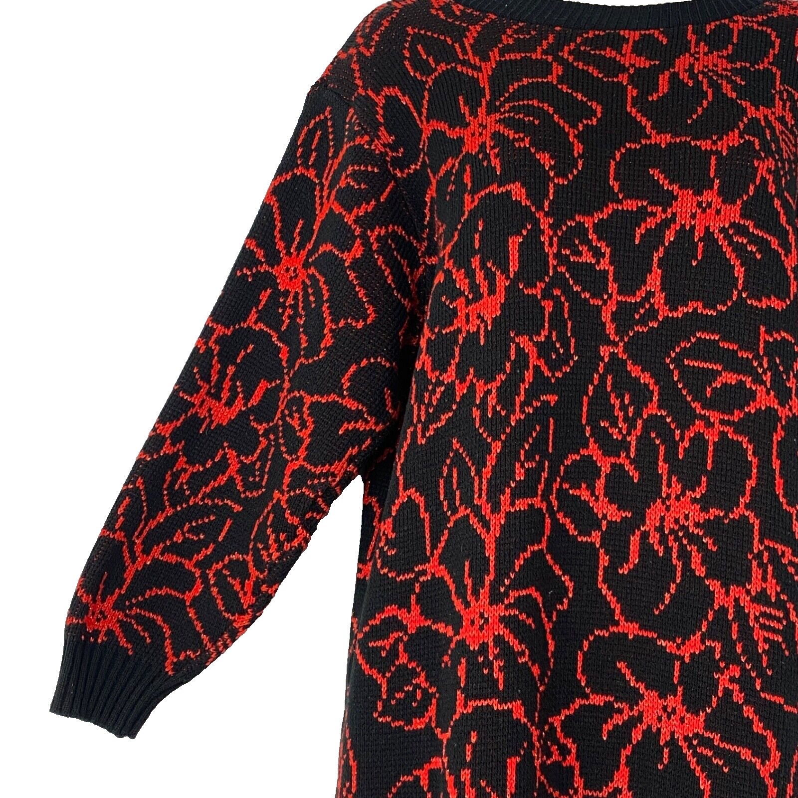 Vintage 1980s black red sweater dress, metallic glam floral oversized acrylic M