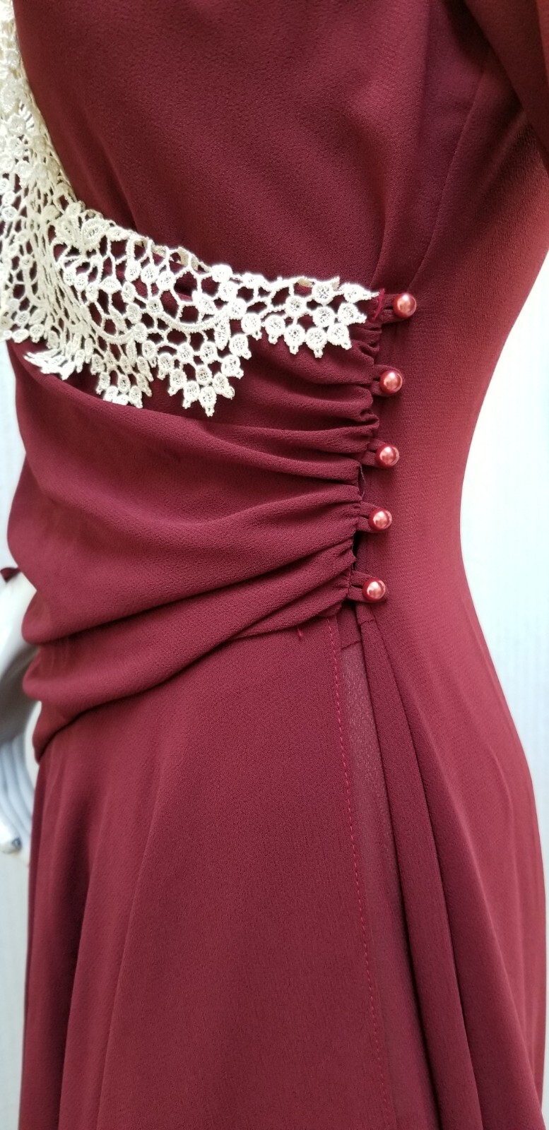 Vintage CASADEI Burgundy Chiffon Wrap Dress w/ Crochet Trim – Size S – EUC