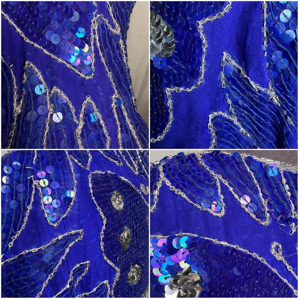 Vtg 70s Blue Butterfly Sequin Beaded Silk Top Disco Party Blouse B40 W30 S DMG