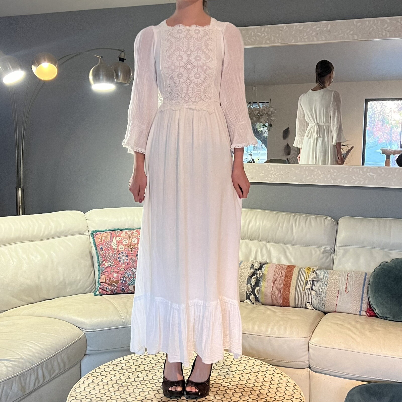 Gunne Sax Cream Gauze & Lace Maxi Dress Cottagecore Prairie Dress Boho Wedding S