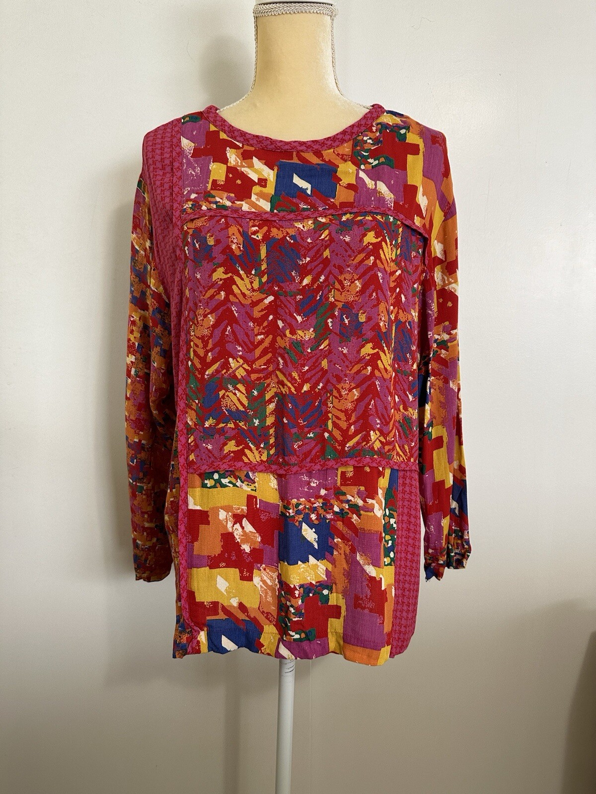 CAROLE LITTLE Vintage Multicolor Top Petite 80s Blouse Red Pink