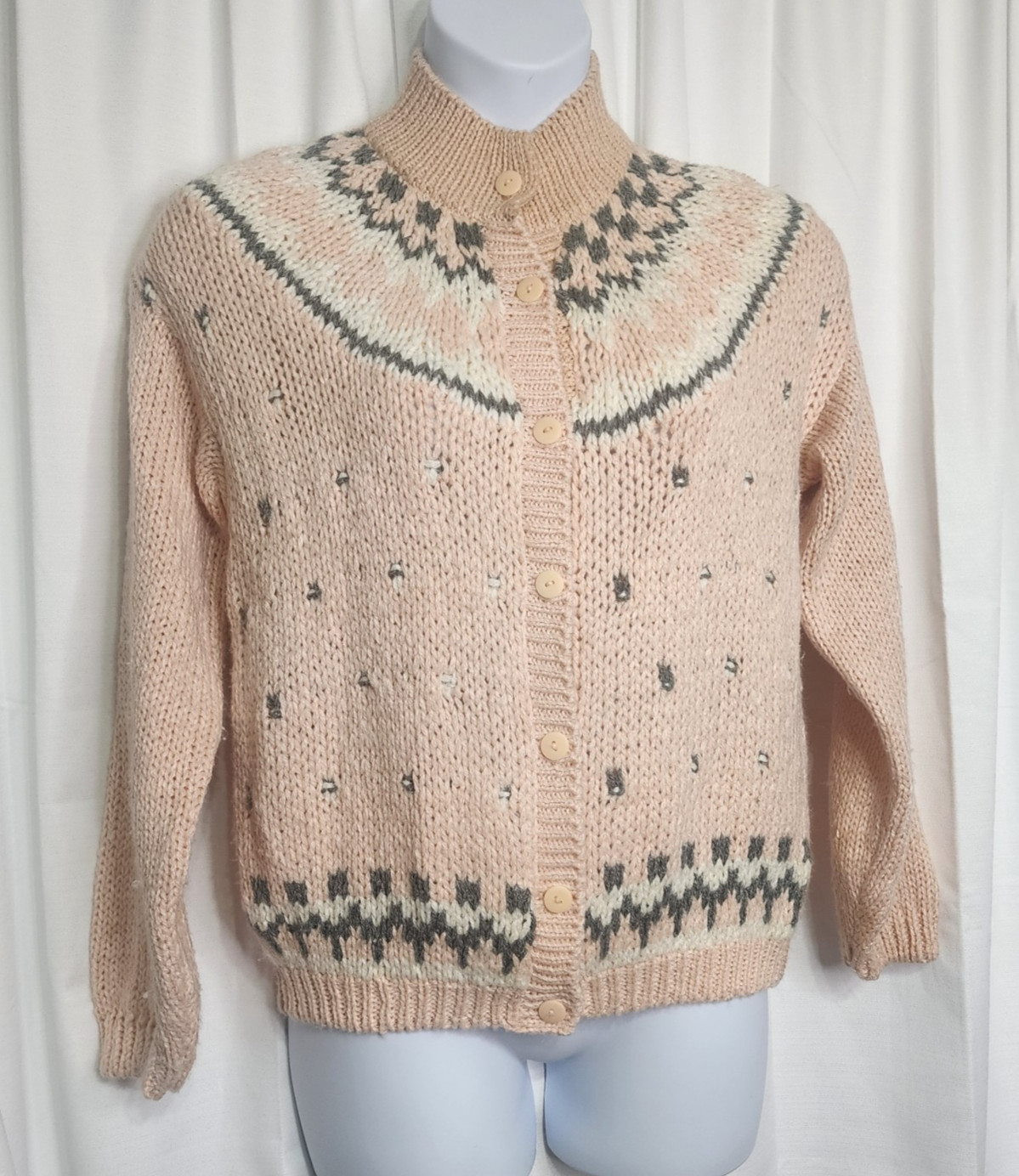 Vintage Knitted by Hand Sweater Size L Pale Pink Gray White Fair Isle Cardigan