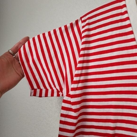 VINTAGE 70s TIMBERLINE CAMP Red White Stripe Tee Dress V Neck Sailor Nautical S